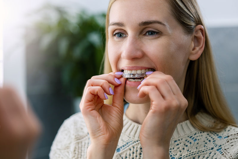 young female patient putting in their aligner