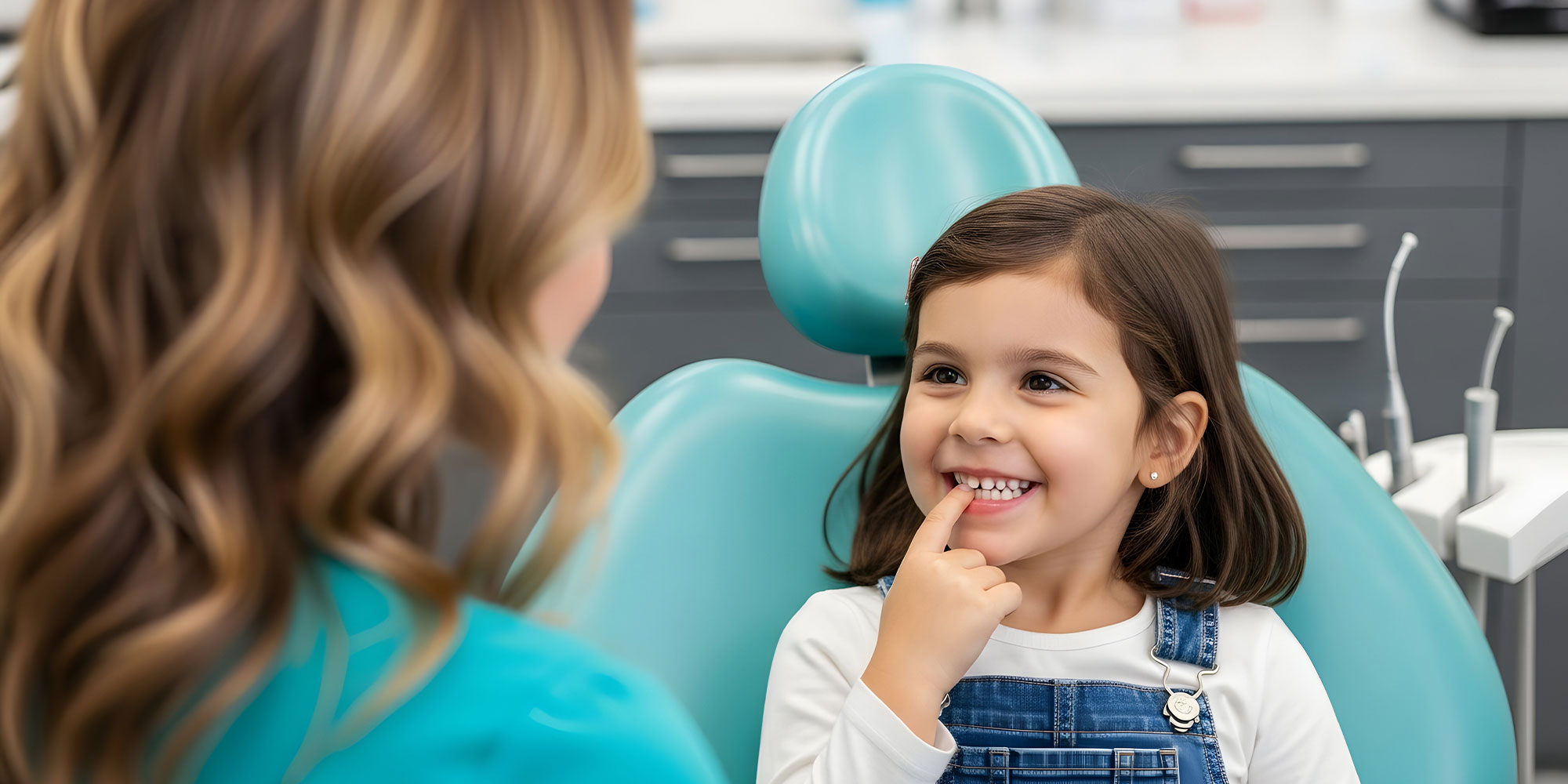 little girl at the dentist appointment smiling showing healthy teeth dental care child