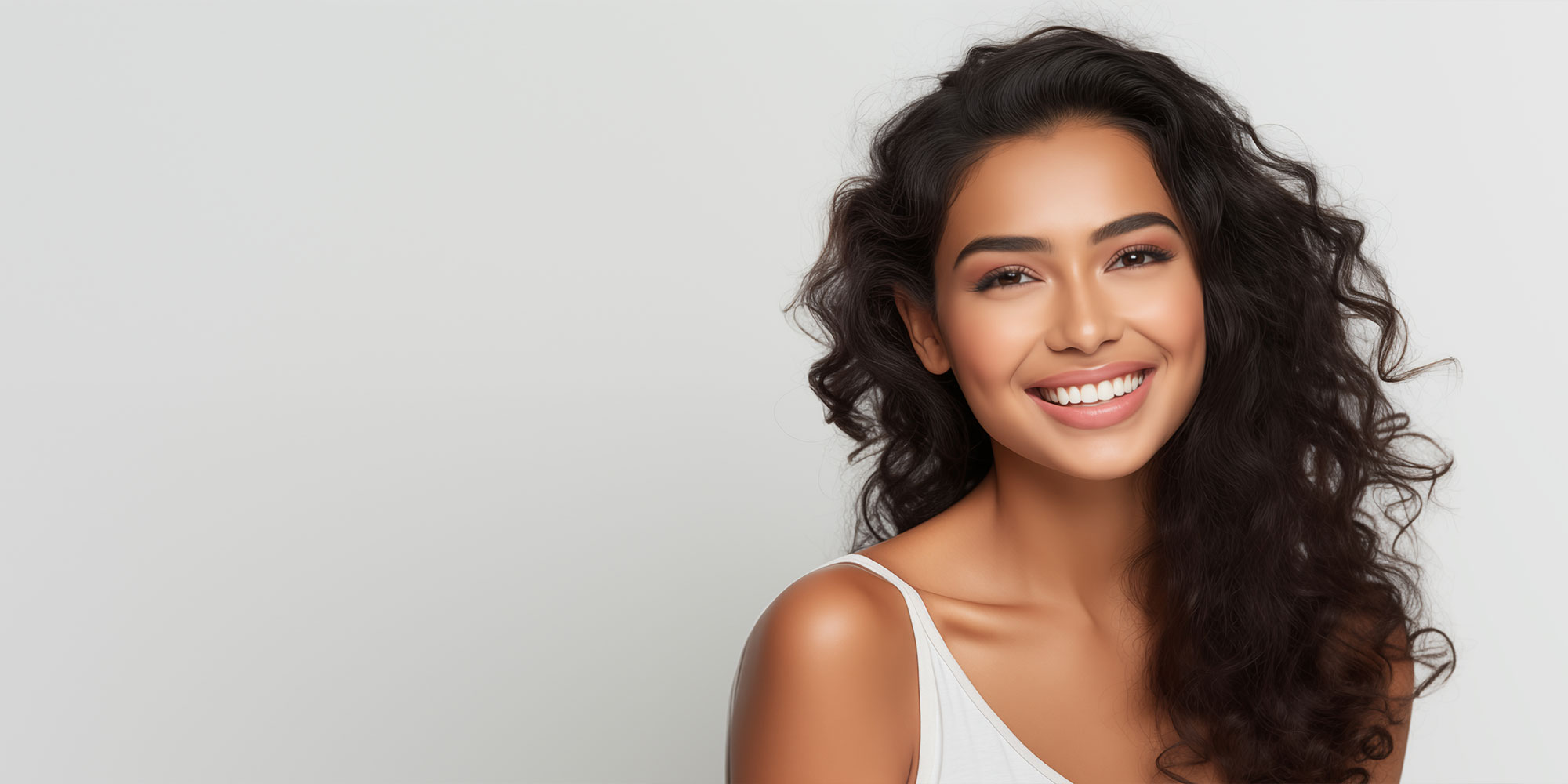 portrait of a beautiful young woman smiling with veneers