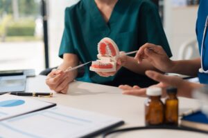 Dentist and patient consultation in a modern dental office