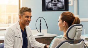 Dr. Samir Tadha consulting a patient in a modern dental office.