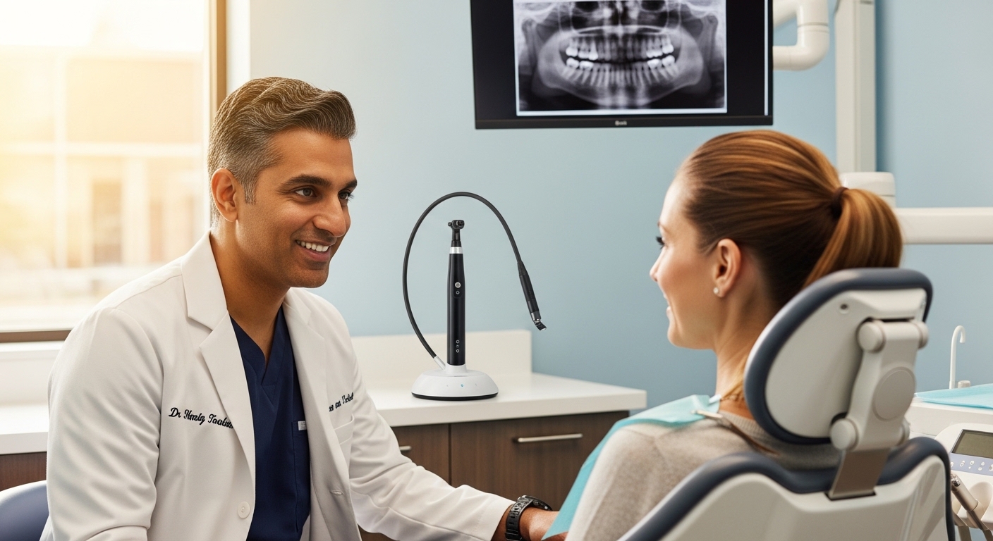 Dr. Samir Tadha consulting a patient in a modern dental office.